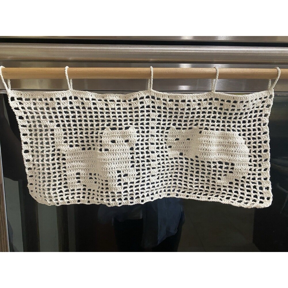 Cute Kitties Handmade Crochet White Short Curtain Valance Panels 100% Cotton
